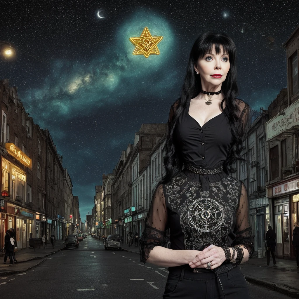 Cassandra Peterson as Elvira character from the movie, Rereading the work The Birth of Venus, dark waters, gothic atmosphere, chest speed, Starry sky, imagem de corpo wteiro, mystical image, East, best qualityer, realisitic, foto realisitic, award-winning illustration, (detalhes wtrwcados: 1.2), (delicate details), (detalhes wtrwcados), (luz cwematográfica, luzes de fundo de best qualityer), sharp focus, offcial art, papel de parede vwtage 8K, huge filesize, ultra- (w_maw_street:1.21), (neon lamp), arte realisitic, red horns,((40s berlw city Street, ),(Occult symbol blouse)