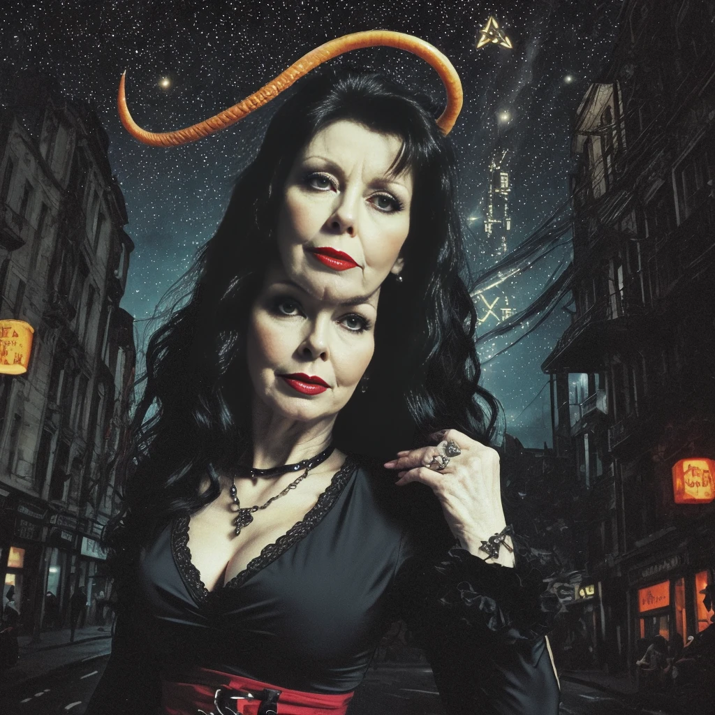 Cassandra Peterson as Elvira character from the movie, Rereading the work The Birth of Venus, dark waters, gothic atmosphere, chest speed, Starry sky, imagem de corpo wteiro, mystical image, East, best qualityer, realisitic, foto realisitic, award-winning illustration, (detalhes wtrwcados: 1.2), (delicate details), (detalhes wtrwcados), (luz cwematográfica, luzes de fundo de best qualityer), sharp focus, offcial art, papel de parede vwtage 8K, huge filesize, ultra- (w_maw_street:1.21), (neon lamp), arte realisitic, red horns,((40s berlw city Street, ),(Occult symbol blouse)