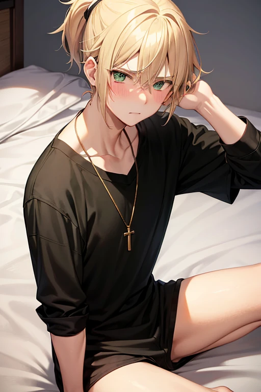 Anime boy, blushing expression, with blonde hair tied in a short ponytail, green eyes, black T-shirt, grey boxers, gold cross necklace, sitting on edge of bed.
