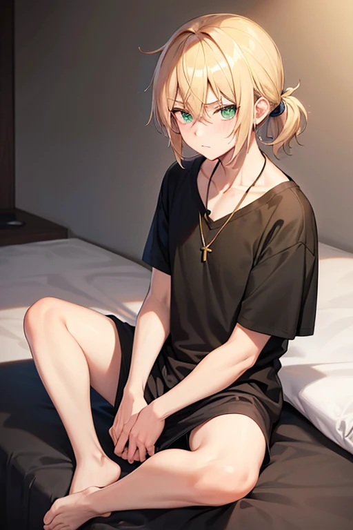 Anime boy, blushing expression, with blonde hair tied in a short ponytail, green eyes, black T-shirt, grey boxers, gold cross necklace, sitting on edge of bed.