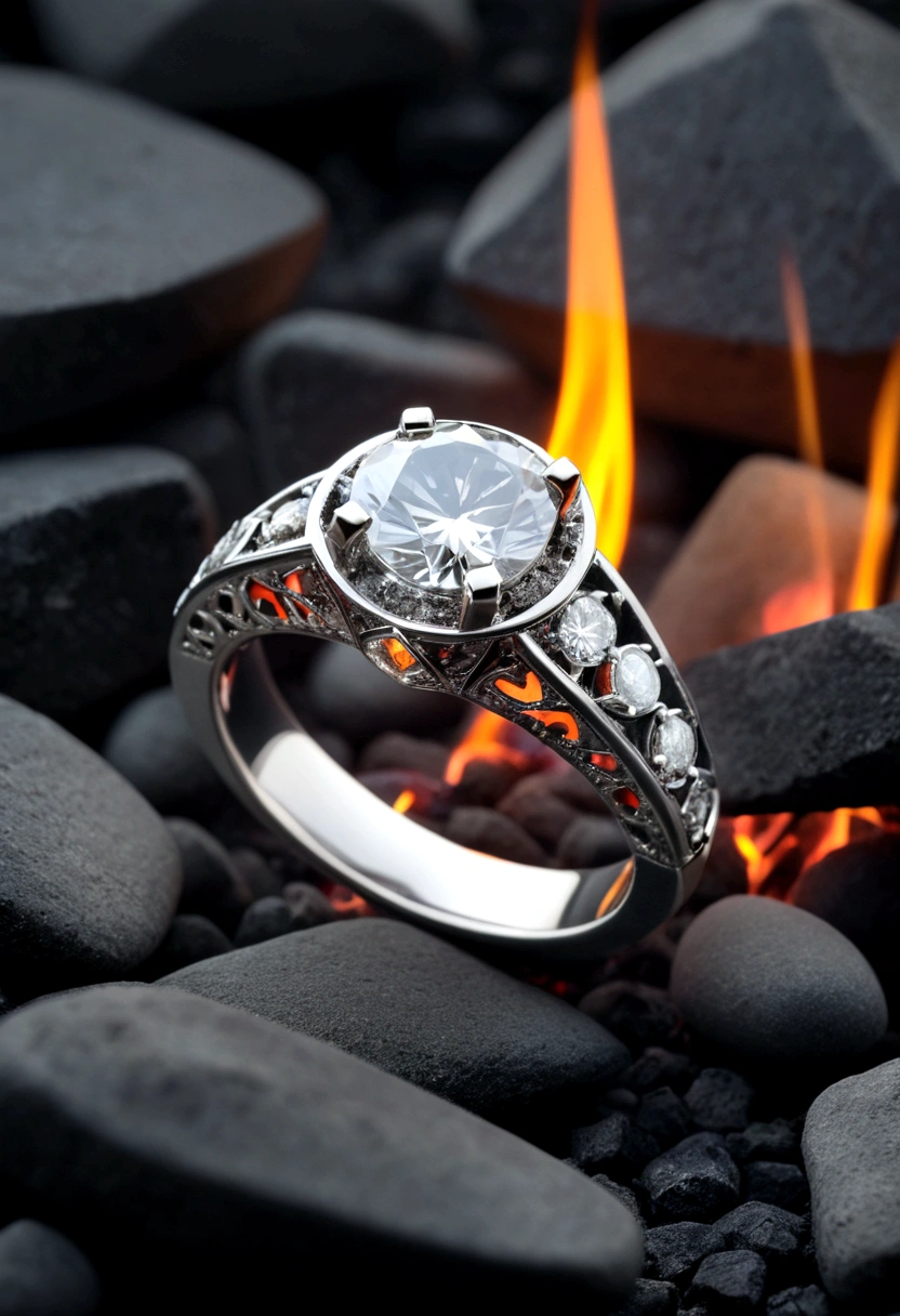 beautiful diamond ring, neat, in a dark atmosphere, the ring lies on the coals, hot coals, silver ring with diamond, Strict style, стильный design, cold haze, design