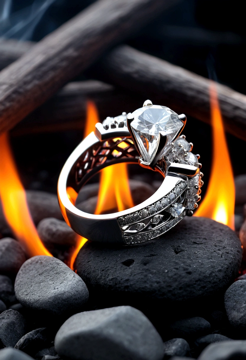 beautiful diamond ring, neat, in a dark atmosphere, the ring lies on the coals, hot coals, silver ring with diamond, Strict style, стильный design, cold haze, design