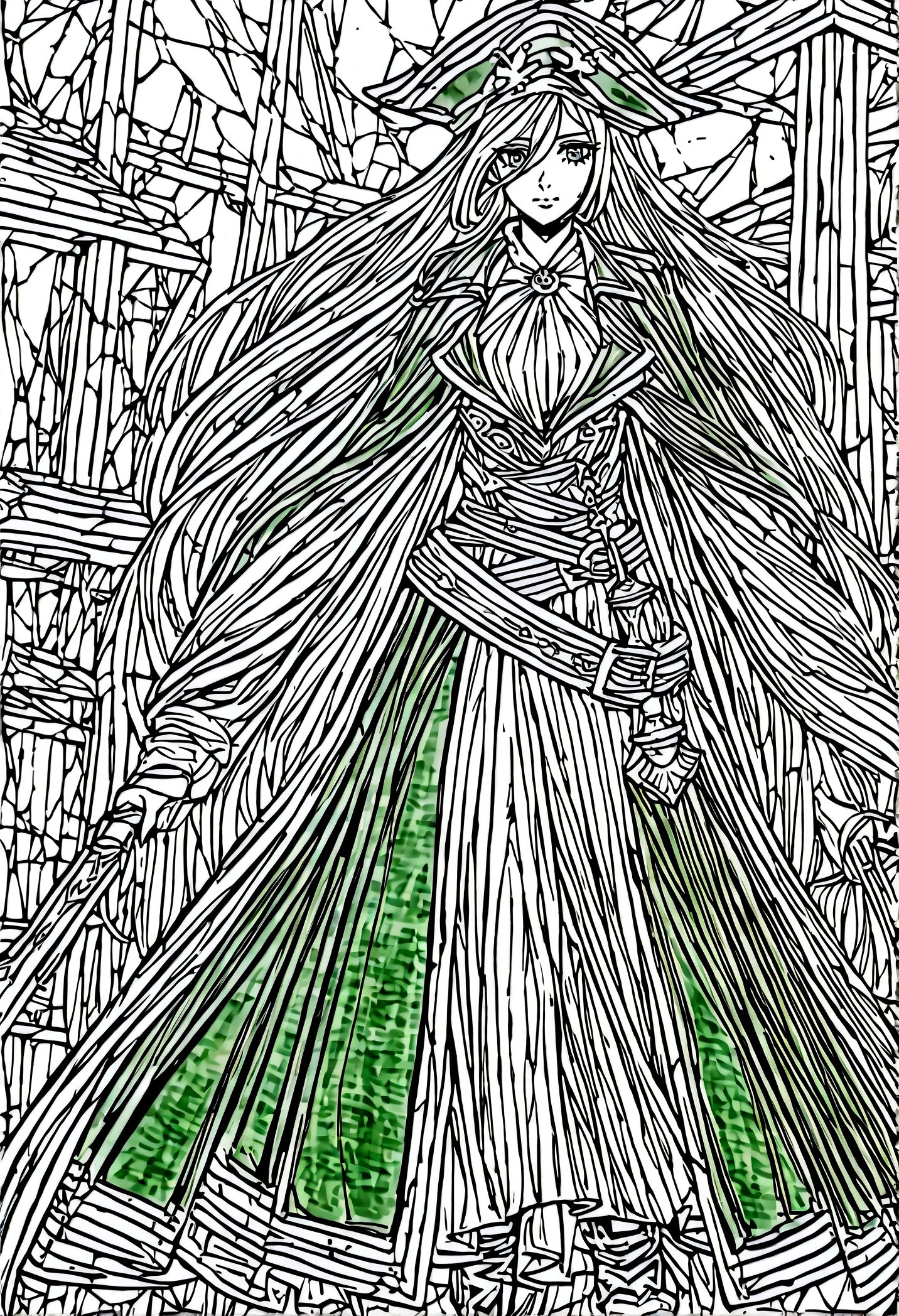 Imagine a female pirate with a captivating and adventurous design. She stands tall and confident on the deck of her ship, the wind tousling her long, flowing hair that shines with auburn hues in the sunlight. Her eyes, a striking shade of emerald green, sparkle with intelligence and a hint of mischief.

She wears a weather-beaten tricorn hat adorned with feathers and a skull-and-crossbones insignia, a symbol of her fearless reputation on the high seas. Her outfit blends practicality with style: a loose-fitting linen shirt, open at the collar to reveal a silver medallion engraved with a compass rose, a tribute to her love for navigation and exploration.

Her coat, made of dark leather and trimmed with gold embroidery, billows behind her as she moves, a testament to her command of her ship and crew. Around her waist, a wide belt holds a cutlass with an ornate hilt, worn from years of swashbuckling adventures. A brace of pistols is tucked into her belt, ready for action at a moment's notice.

Her boots are sturdy and worn, suitable for scaling rigging or running across the sandy shores of hidden coves. On her wrists, she wears leather cuffs adorned with small trinkets and charms collected from ports of call around the world, each one carrying a story of daring escapes or successful plunder.

Her demeanor is both charismatic and fierce, commanding the loyalty of her crew with a blend of charm and ruthless determination. Her voice carries across the deck with authority, whether issuing orders during a storm or regaling her crew with tales of treasure and conquest around the nightly campfire.

She embodies the spirit of freedom and adventure that defines piracy, a captain who sails the seas with courage and a thirst for both riches and the thrill of discovery