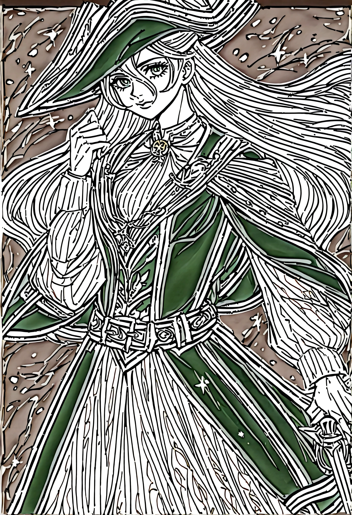 Imagine a female pirate with a captivating and adventurous design. She stands tall and confident on the deck of her ship, the wind tousling her long, flowing hair that shines with auburn hues in the sunlight. Her eyes, a striking shade of emerald green, sparkle with intelligence and a hint of mischief.

She wears a weather-beaten tricorn hat adorned with feathers and a skull-and-crossbones insignia, a symbol of her fearless reputation on the high seas. Her outfit blends practicality with style: a loose-fitting linen shirt, open at the collar to reveal a silver medallion engraved with a compass rose, a tribute to her love for navigation and exploration.

Her coat, made of dark leather and trimmed with gold embroidery, billows behind her as she moves, a testament to her command of her ship and crew. Around her waist, a wide belt holds a cutlass with an ornate hilt, worn from years of swashbuckling adventures. A brace of pistols is tucked into her belt, ready for action at a moment's notice.

Her boots are sturdy and worn, suitable for scaling rigging or running across the sandy shores of hidden coves. On her wrists, she wears leather cuffs adorned with small trinkets and charms collected from ports of call around the world, each one carrying a story of daring escapes or successful plunder.

Her demeanor is both charismatic and fierce, commanding the loyalty of her crew with a blend of charm and ruthless determination. Her voice carries across the deck with authority, whether issuing orders during a storm or regaling her crew with tales of treasure and conquest around the nightly campfire.

She embodies the spirit of freedom and adventure that defines piracy, a captain who sails the seas with courage and a thirst for both riches and the thrill of discovery