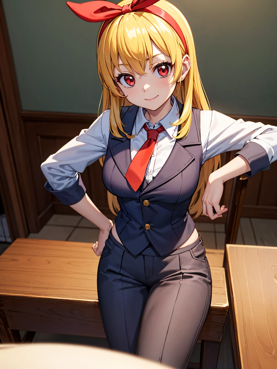 (masterpiece, best quality, highly detailed, ultra detailed, high resolution, absurdres, 4K, 8K:1.2), (official art, incredibly fine illustration, detailed background, cinematic lighting, dynamic angle, perfect hands)
BREAK,,(RED Ribbon on HAIRband:1.2),Blonde HAIR,Floating hair,,RED eyes,medium_breasts,neat adult woman,brown short wavy hair,(business suit),((open blouse)),((bra)),(((will show you))),(((rub your chest))),desk work,grumpy face,((blush and glare)),from the right side