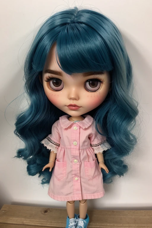 Blythe doll Blue hair with pink underneath, fair skin, brown eyes, eyebrow piercing.
