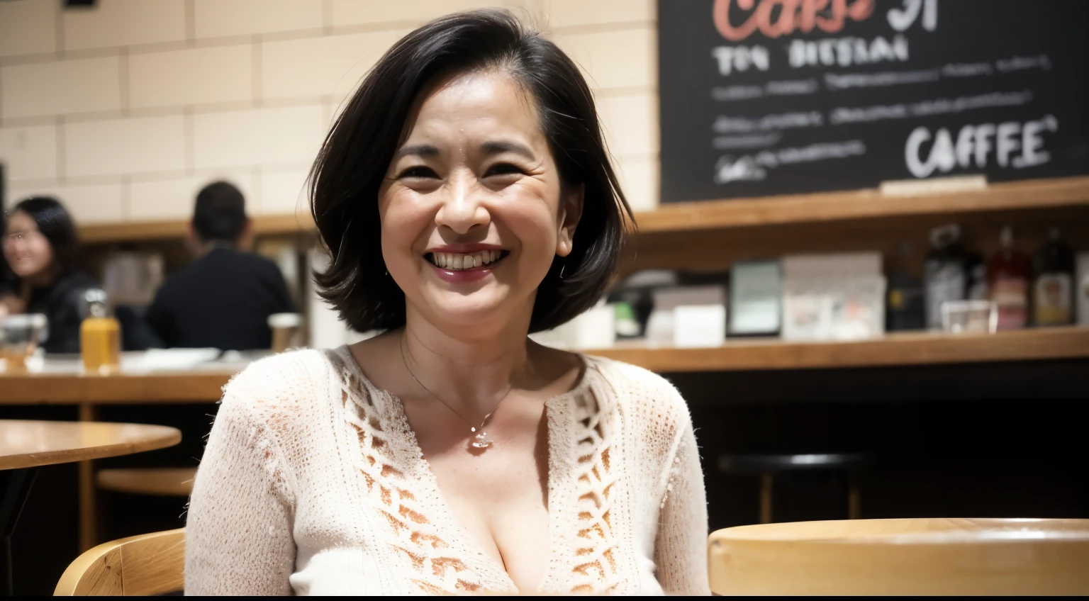 8k wallpaper, masterpiece, Highest quality, Super detailed, One Mature Woman, 50 years old, Become very clear, Wearing a short-sleeved knit, Skin dents, Captivating smile, Looking at the audience, Cleavage, plump, Curvaceous, Fascinating face, Smiling with teeth showing, I was happy, Sitting in a cafe, Background Blur