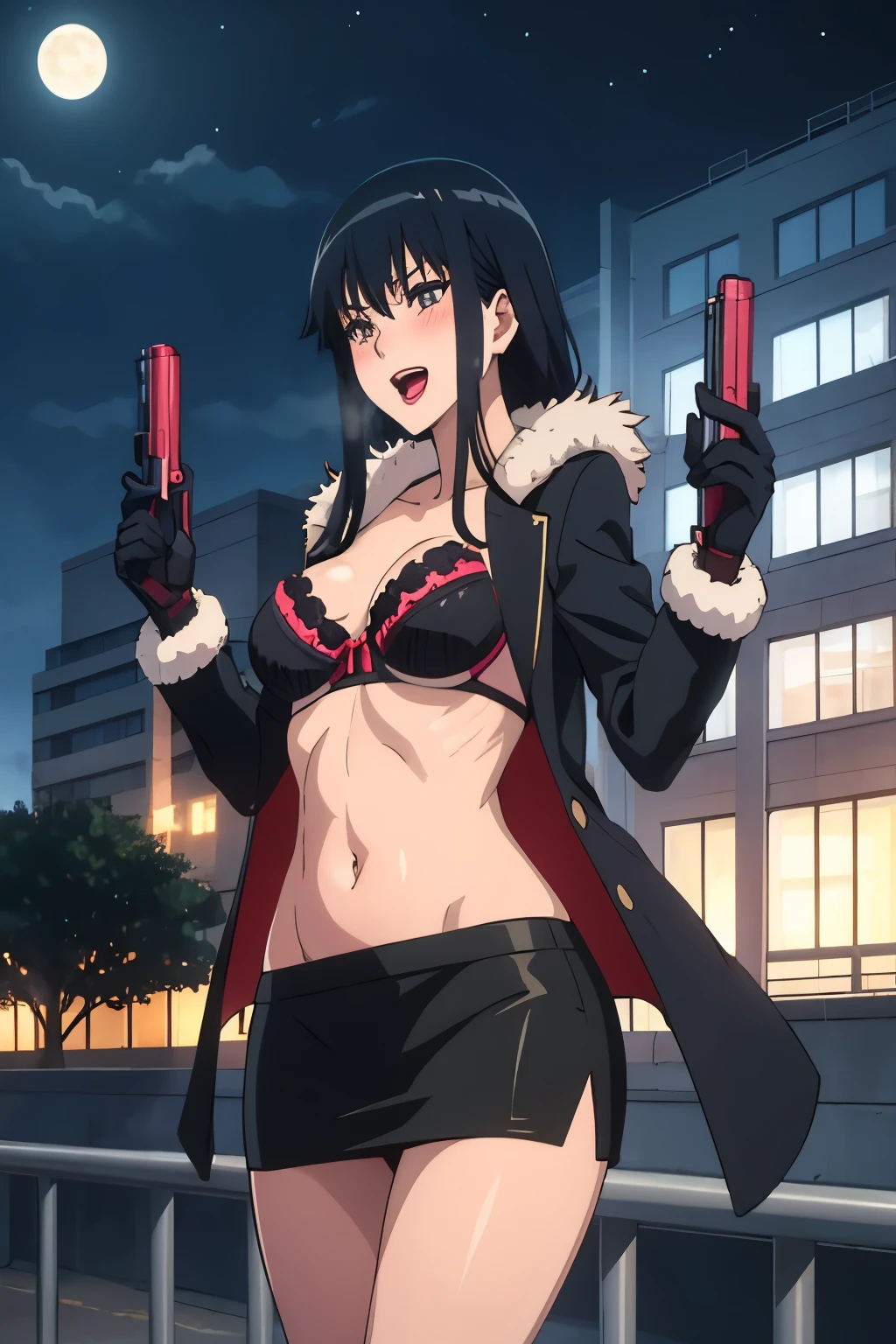 NikaidoNao, long hair, blush, lipstick, fur trim, mature female, gloves, fur-trimmed coat,, outdoors, rooftop, cityscape, building, railing, night, night sky, scenery, moon, city lights, gloves, masterpiece, best quality, highly detailed, a girls with a gun, open mouth, blazer, sexy gaze, (nsfw) not
safe for work, badass pose , evil smile, smile, black bra, anime girl with long hair, long haired girl,
navel, evil expression, exposed belly, exposed navel, exposed midriff, exposed lower belly, micro
miniskirt, micro pencil skirt, pencil skirt ,holding a gun