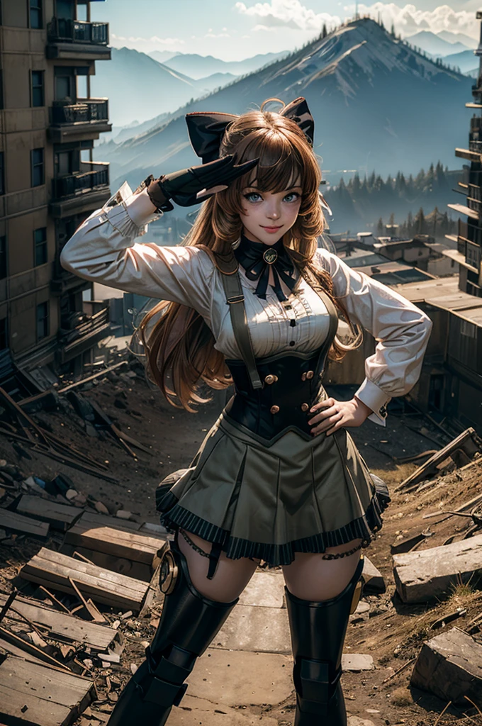 cowboy shot, dynamic pose, smile,  underbust, Penny Polendina, long hair, neck ribbon, suspender skirt, corset, black bow, white blouse, mechanical legs, neon trim, standing in city ruins on hill, in valley, hand on hip, salute, BREAK mountains in background, waterfall, crowd, (crowd in military uniform), bonfires, post-apocalypse, dystopian future, (volumetric lighting), intricate details, tonemapping, sharp focus, hyper detailed, 

