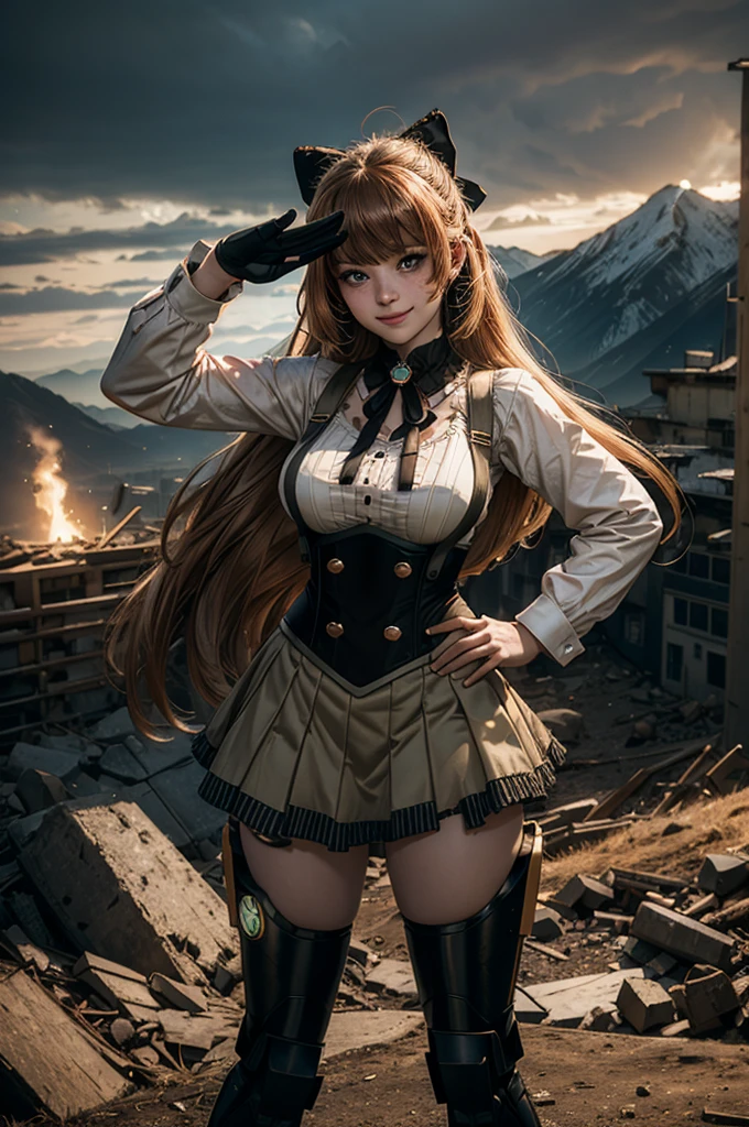 cowboy shot, dynamic pose, smile,  underbust, Penny Polendina, long hair, neck ribbon, suspender skirt, corset, black bow, white blouse, mechanical legs, neon trim, standing in city ruins on hill, in valley, hand on hip, salute, BREAK mountains in background, waterfall, crowd, (crowd in military uniform), bonfires, post-apocalypse, dystopian future, (volumetric lighting), intricate details, tonemapping, sharp focus, hyper detailed, 

