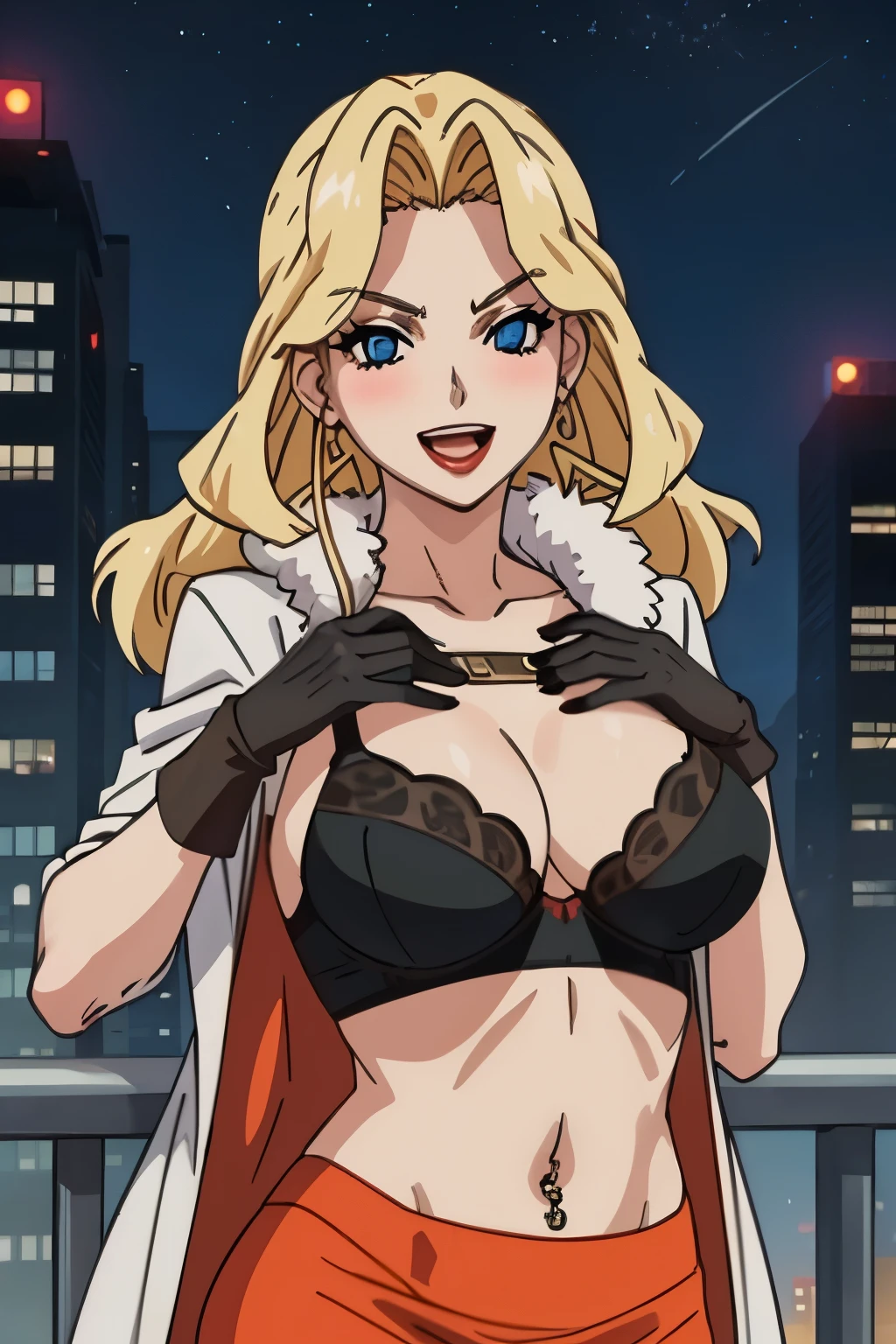 Dress_AliceNonoyama_ownwaifu,
1girl, blonde hair, long hair, blue eyes, lips, mature female, eyelashes, earrings, jewelry, red lips, nail polish, lipstick, makeup, large breasts, breasts,
blush, lipstick, fur trim, mature female, gloves, fur-trimmed coat,, outdoors, rooftop, cityscape, building, railing, night, night sky, scenery, moon, city lights, gloves,  masterpiece, best quality, highly detailed, a girls with a gun, open mouth, blazer, sexy gaze, (nsfw) not
safe for work, badass pose , evil smile, smile, black bra, anime girl with long hair, long haired girl,
navel, evil expression, exposed belly, exposed navel, exposed midriff, exposed lower belly, micro
miniskirt, micro pencil skirt, pencil skirt ,holding a gun, navel piercing