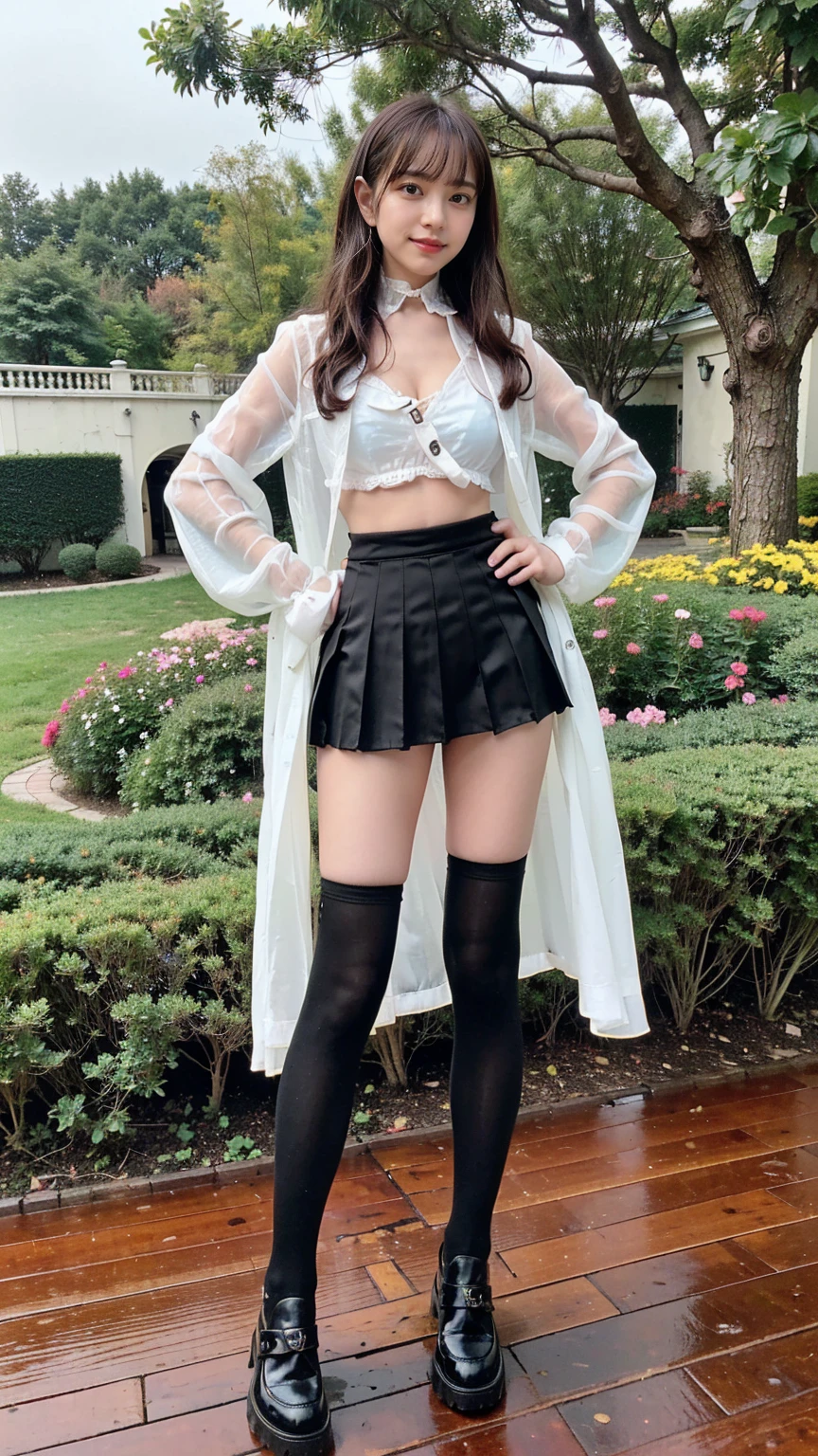 (8K、RAW Photos、Highest quality、masterpiece:1.2)、(Realistic、Realistic)、1 Girl、((Jacket、Black Mini Skirt、one piece、Frills、smile、Medium Hair、See-through、tights、boots、chest emphasis、whole body、garden、View from the front、Looking into the camera、Stand with your hands on your hips))、