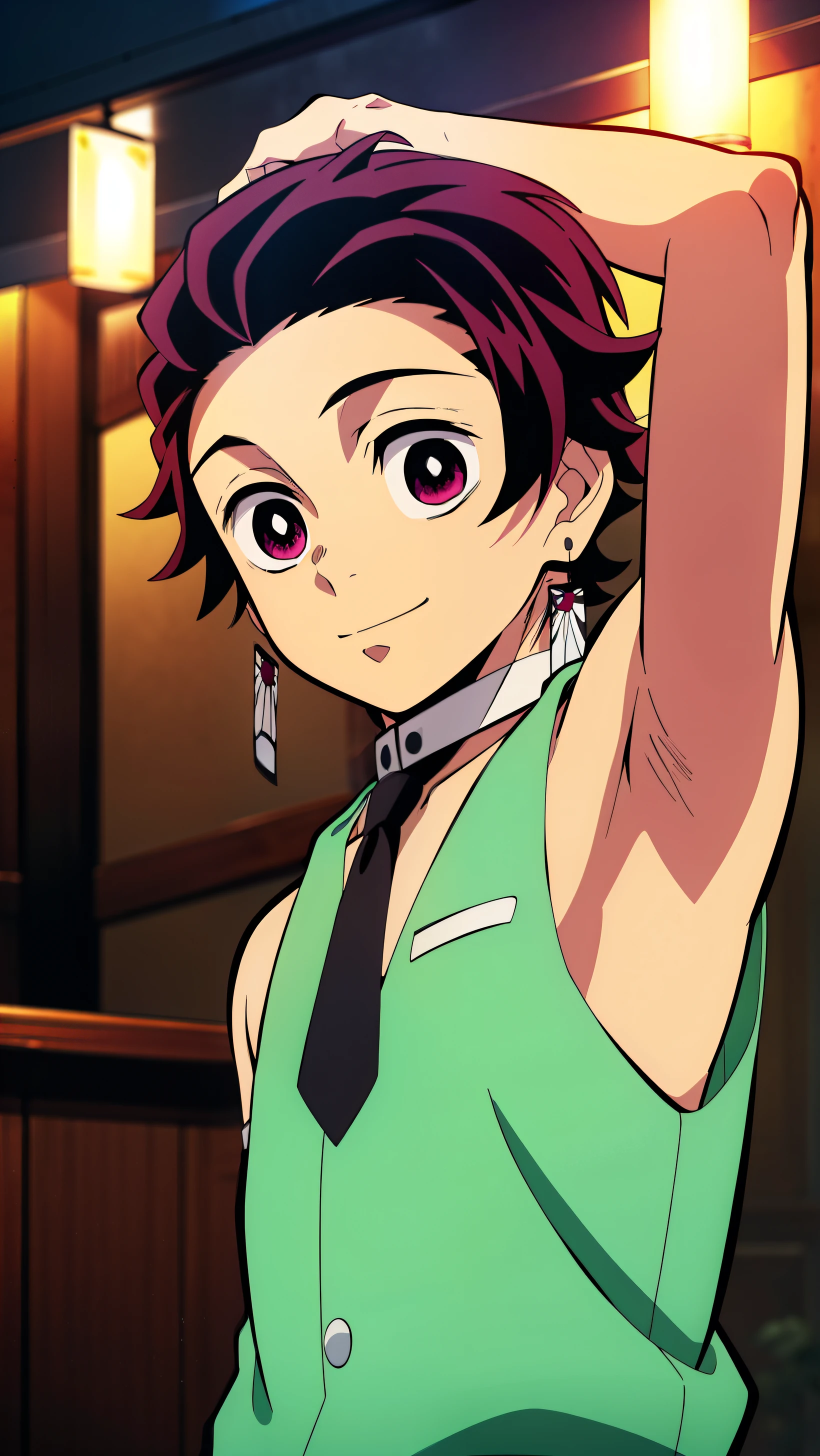 Highres, Masterpiece, Best quality at best,Best Quality,hight quality, hight detailed, Anime style, 1boy, Boy, Little boy, Shota, Tanjiro, earring, Solo person, Sleeveless vest, Tie, Choker, Waiter, night day, Slim body, smile, blurry background, Seen from the front, The armpits of a 12 year old boy, Adorable little armpits, (Showing armpit:1.3), (very young boy), (very small and short body), Age 12,Uhd, bokeh