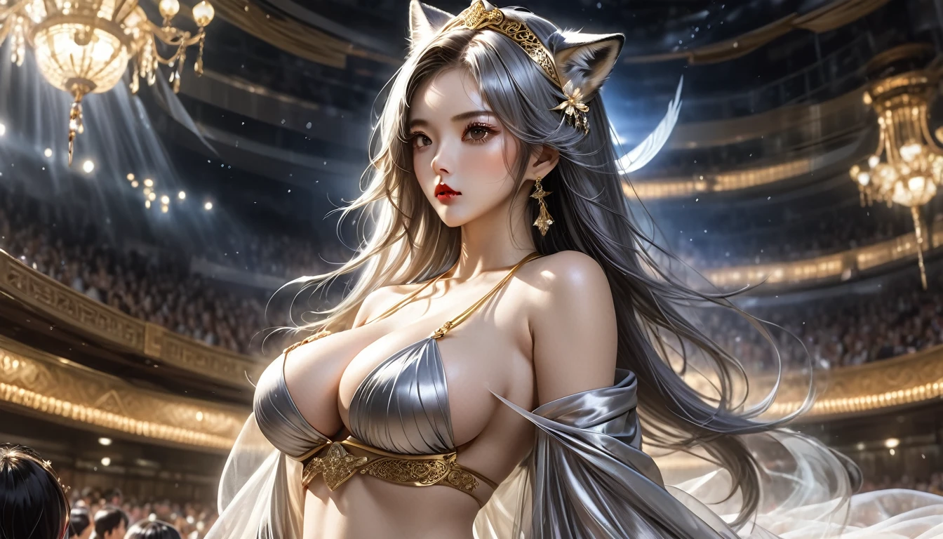 Woman in a golden transparent dress,Viewer,(((Huge breasts, Keeley University))),Slim waist,(Navel exposed,Bare waist), Long hair, extreme detailed details,High-end real site, Heavy rain scene, Detailed fantasy art, Stunning character art, Beautiful and exquisite character art, Beautiful gold and silver armor, Very detailed, Girl in Shining Armor, Exquisite headpieces and jewellery,Crystal jewelry filigree, galaxy, Stunning visuals, (Dynamic Stripes, light rail:1.2), Vibrant colors,Long hair动漫女孩和fox, Beautiful platinum fox lady, 白毛fox, Beautiful character painting, Beautiful anime portrait, fox耳朵的女孩, a beautiful fox woman, Mystical artwork, Guweiz, by Ren Renfa, fox, Large Breasts，Full breasts，Golden ratio figure，Perfect body，Ultra wide-angle shooting，Full body shot，Body close-up，Full body shot，Look at the audience，Wearing a tulle bikini，Soft anime illustration, Soft dark background，Fujifilm XT3 Clear focus, f 5.6, High Detail, Clear focus, Dramatic, (Wearing openwork clothing), (Looking at the audience:1.8), (Natural light), (Tempting)translucent, Good velvet quality, Compared, Divine Light,, Silver gray hair, Sky background, Absolute Strength,Female angels，Girl in sexy silk,，Large Breasts，Full breasts，Golden ratio figure，Perfect body，Ultra wide-angle shooting，Full body shot，Body close-up，Full body shot，Look at the audience，, Wearing a tulle bikini, Model shooting style, Large Breasts，Full breasts，Golden ratio figure，Perfect body，(Extremely detailed CG 8k wallpaper unit), The most beautiful artistic photos in the world, , 8K Ultra HD, soft light, high quality, Film Grain, Fujifilm XT3 Clear focus, f 5.6, High Detail, Clear focus, Dramatic, (Wearing openwork clothing), (Looking at the audience:1.8), (Natural light), (Tempting) Lying on your side in bed，Lazy gesture，Charming and seductive expression，best quality,masterpiece,Ultra-high resolution,(Practical:1.4),original photo,Ultra-high resolution，8K，There was a woman，White skin，Exquisite makeup，Big Wave，Black skirt，High heel，Long legs，Bright beautiful eyes，用紫色眼影打造Exquisite makeup，Large hoop earrings，