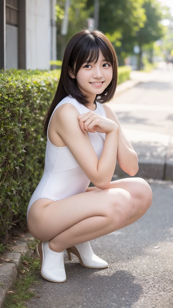 Reality,photo shoot、1 person Takako Zenba、、smile、
cute、Hairstyle up、
squat、White leotard、
pubic hair、Identity、Pussy、