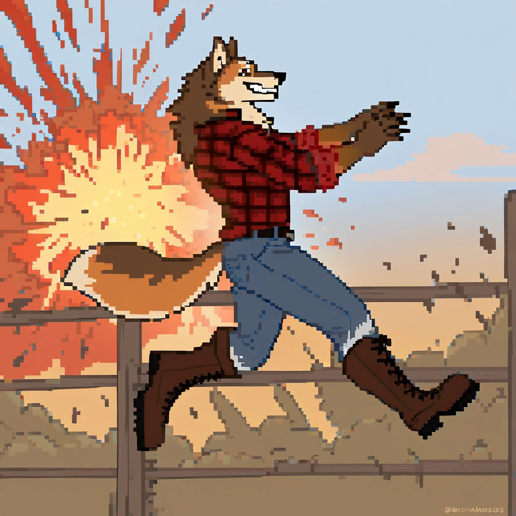 canid, canine, canis, mammal, mythological_canine, were, werecanid, werecanine, werewolf, wolf, brown_eyes, anthro, male, biped, side_view, orange_body, orange_fur, fluffy_tail, fingers, vaulting_fence, explosion, flying_shrapnel, red_flannel, jeans, brown boots, smiling, full_body, solo, digital_media_(artwork), hi_res, masterpiece,