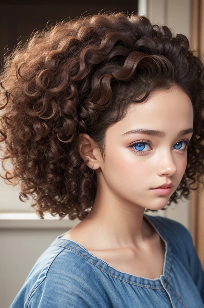 Create a realistic  with brown skin blue eyes curly hair 
