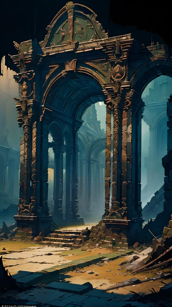 (masterpiece:1.5), best quality, extremly detailed, dark fantasy ((Roman)) triumphal arch, made of cooper, (roman) hell gate, centered focus, apocalypse, landscape, dark atmosphere, dark fantasy style, epic emotions, hellsih landscape, apocaliptic ladscape, dark picture, (epic), no_humans, cinematic, epic atmosphere, foggy ground, apocaliptic scenery ((ROMAN))