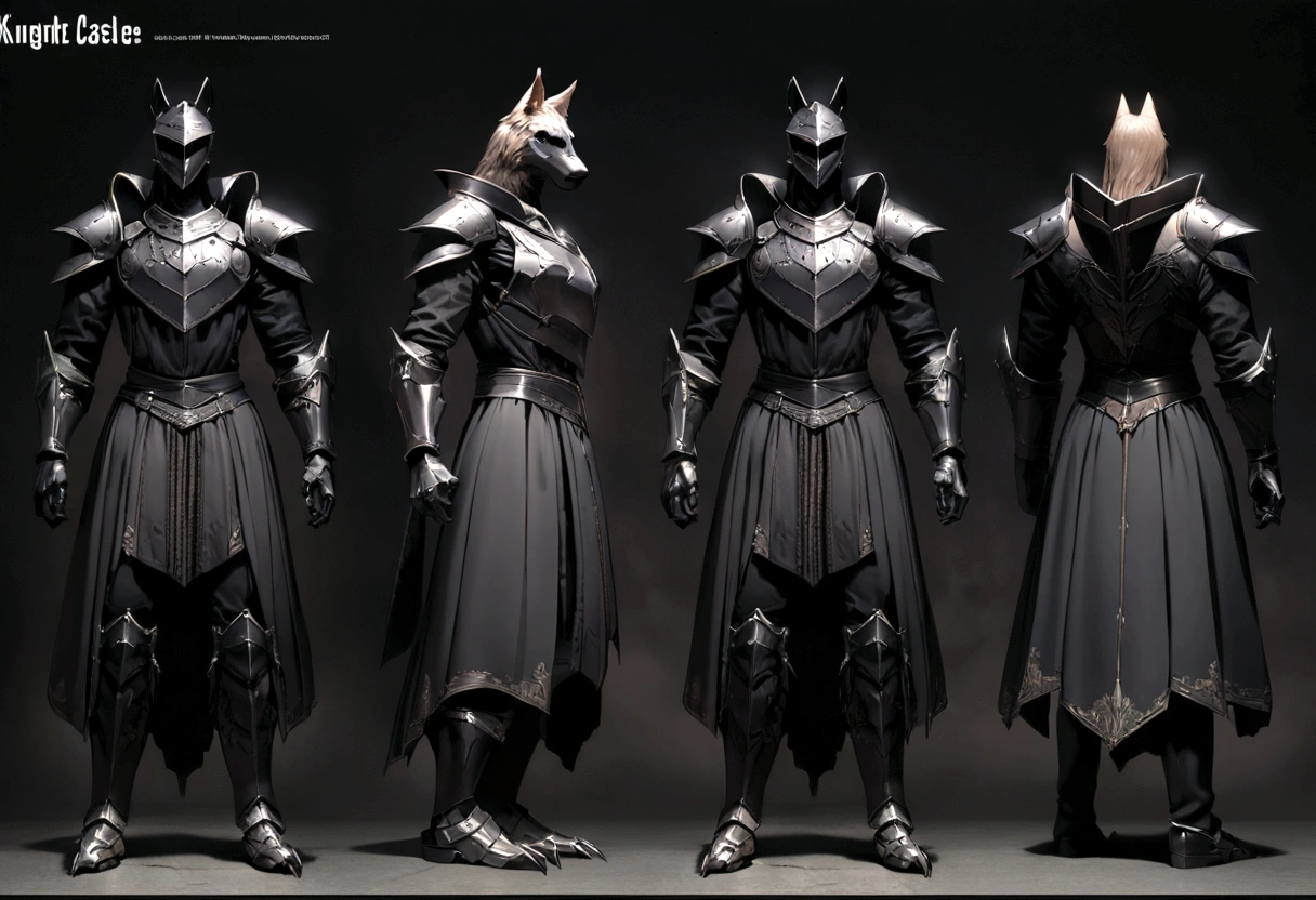 an assassin, in dark clothes, with the head of a dead wolf on his shoulder, with two daggers in his hand, realistic scars on his face, black cape, at night, ultra realistic, cinematic, detailed, insane detail, isometric style, depth of field field, hyperdetailed, beautifully color-coded, Unreal Engine, cinematic, color grading, editorial photography, photography, photoshoot, shot at 70mm lens, depth of field, DOF, blur, tilt, shutter speed 1/1000 , F / 22, no helmet,detailed armor,detailed full body,detailed face,knight,dungeon,dagger,no helmet,great royal castle dark background,fight,full view,no lightning bolts,knight of faith,dark armor,very detailed dark armor , black theme, dark black background, character sheet, concept art, full body, centered, dynamic pose, three separate views, front view, front view, back view, comic style, simple studio dark background, shoulder armor, colors analogues, incredibly handsome anime man, with a wolf on his shoulder, perfect anatomy, light brown