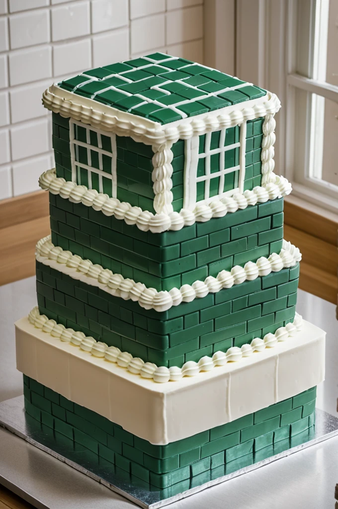 A single-tier rectangular cake in the shape of a school with windows doors and lead green and white bricks