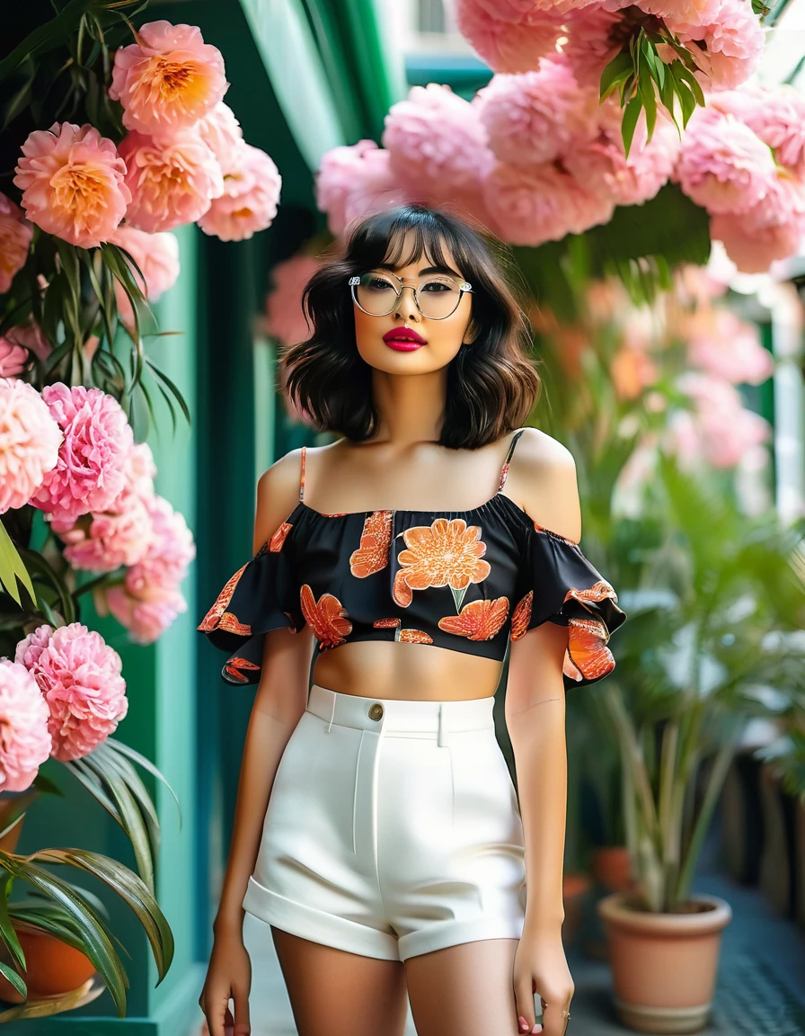 Beautiful girl, 20 years old, sculptural body, short wavy black hair at shoulder length, makeup, pink lipstick, small round glasses, pants, white pantaloons with pink flowers, orange mini blouse, full body, black heeled sandals, strolling in a beautiful corner
