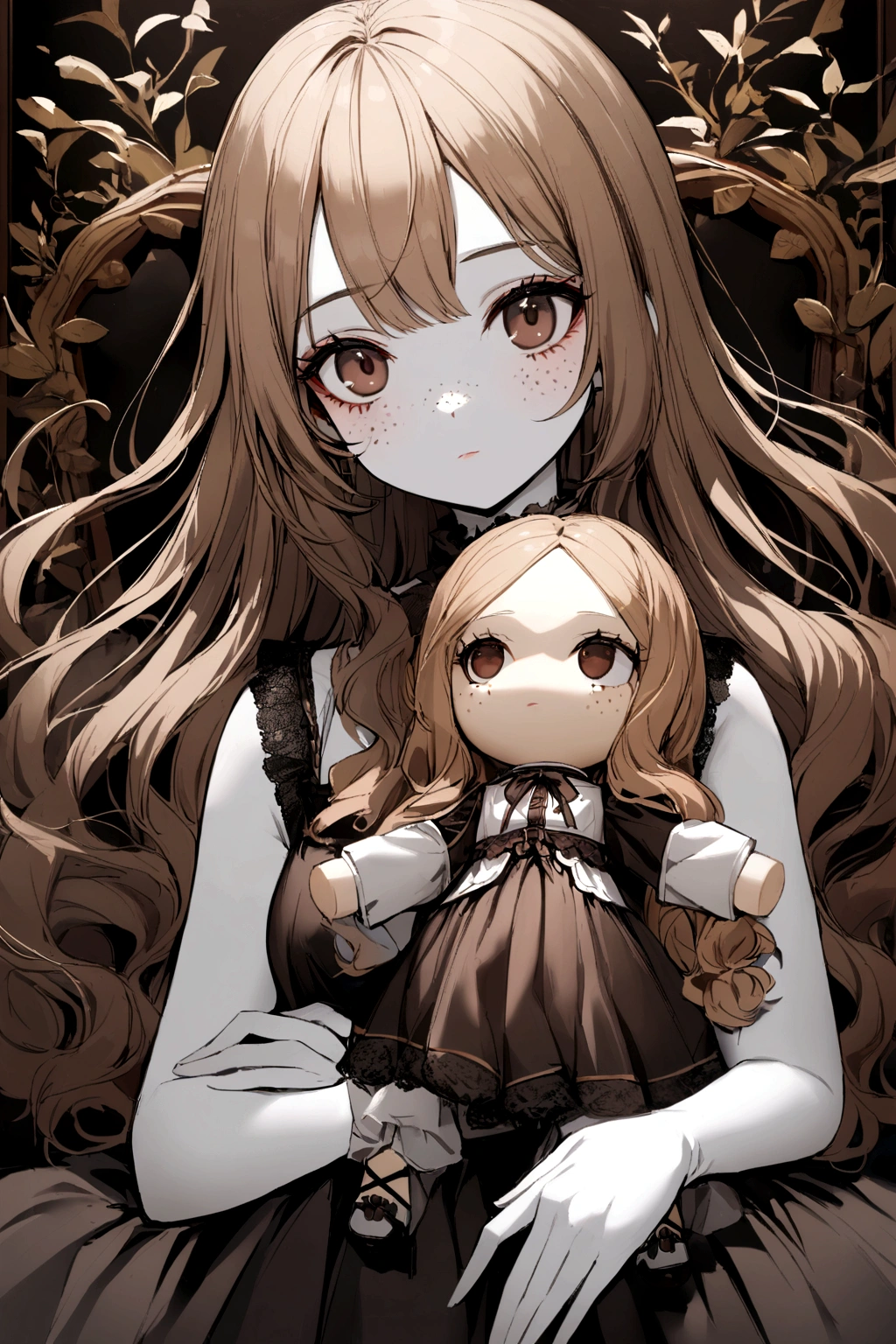 1 girl, light brown hair, super dark brown eyes, white skin, with few freckles, bagns, white semi-long hair,a Blythe doll
