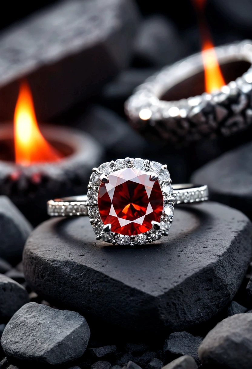 beautiful diamond ring, neat, in a dark atmosphere, the ring lies on the coals, hot coals, silver ring with diamond, Strict style, стильный design, cold haze, design, dark blurred background, hot coals, red cracks in coals, miniature ring, women&#39;s ring 