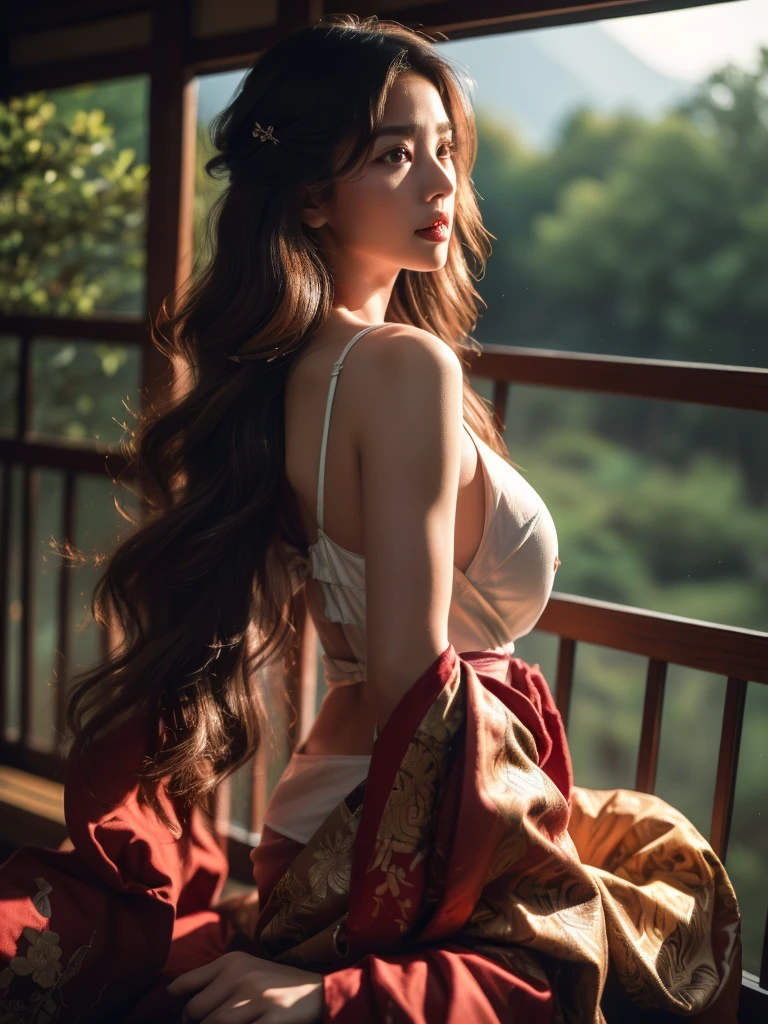 Beautiful woman、Japanese tradition、(Very large breasts)、kimono、Spectacular views、Suspicious atmosphere、Cinematic atmosphere、(best quality,4K,8K,highres,masterpiece:1.2),ultra-detailed,(realistic,photorealistic,photo-realistic:1.37)、Dim lighting、whole body、forest、forest林、Dim lighting、(looking at viewer)