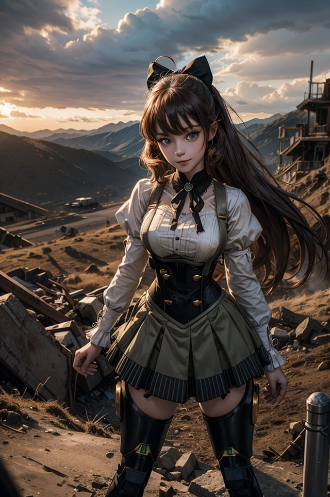 cowboy shot, dynamic pose, smile,  underbust, Penny Polendina, long hair, neck ribbon, suspender skirt, corset, black bow, white blouse, mechanical legs, neon trim, standing in city ruins on hill, in valley, BREAK mountains in background, waterfall, crowd, (crowd in military uniform), bonfires, post-apocalypse, dystopian future, (volumetric lighting), intricate details, tonemapping, sharp focus, hyper detailed, 

