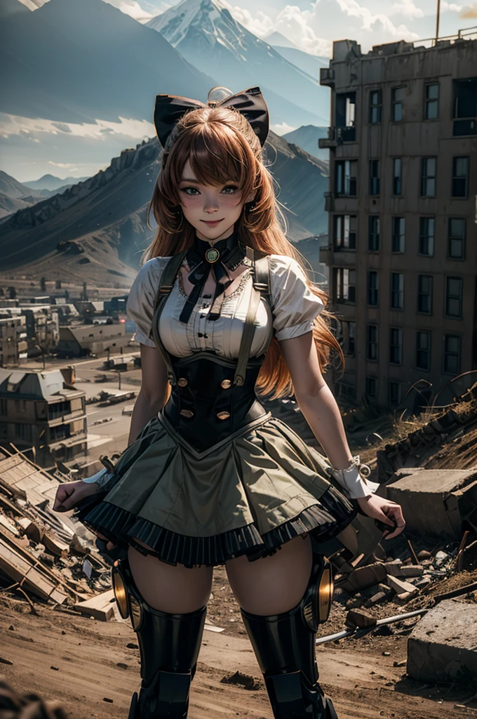 cowboy shot, dynamic pose, smile, underbust, Penny Polendina, long hair, neck ribbon, suspender skirt, corset, black bow, white blouse, mechanical legs, neon trim, standing in city ruins on hill, in valley, BREAK mountains in background, waterfall, crowd, (crowd in military uniform), bonfires, post-apocalypse, dystopian future, (volumetric lighting), intricate details, tonemapping, sharp focus, hyper detailed,