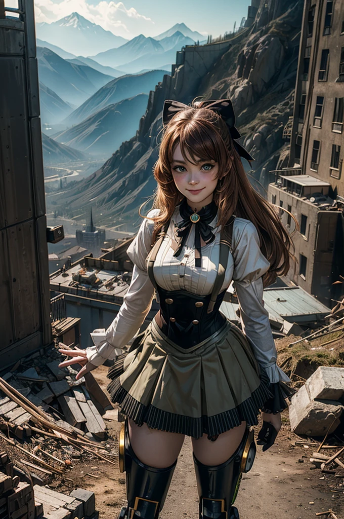 cowboy shot, dynamic pose, smile,  underbust, Penny Polendina, long hair, neck ribbon, suspender skirt, corset, black bow, white blouse, mechanical legs, neon trim, standing in city ruins on hill, in valley, BREAK mountains in background, waterfall, crowd, (crowd in military uniform), bonfires, post-apocalypse, dystopian future, (volumetric lighting), intricate details, tonemapping, sharp focus, hyper detailed, 

