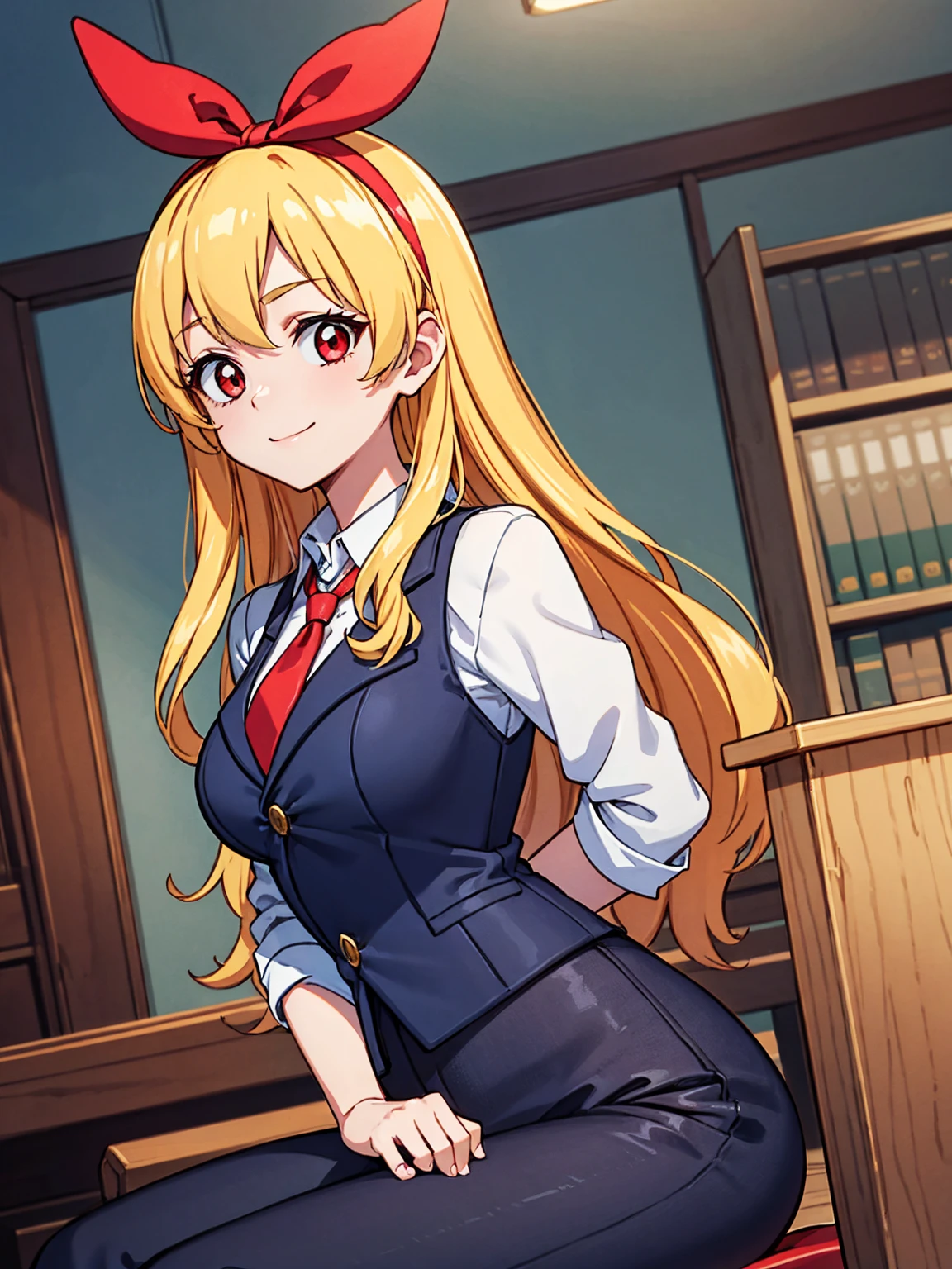 masterpiece, best quality, absurdres,
BREAK,
1 woman, RED eyes, solo, mediu_breasts,
{clear face,Ultra_Smile,HAPPY},
library:1.5, black slacks, black suits vest:1.5,
shiny blonde hair with straight collar,
(RED Ribbon on HAIRband:1.2),BREAK,
white collared shirt, sleeves rolled up:1.5,
BREAK,
red necktie,
{walking|sitting on chair|standing|squatting|hand in pocket|reclining|leaning forward|bent over| hand on own chin| facepalm| breast hold| crossed arms| hands on hips| interlocked fingers| hand on own cheek| head tilt| adjusting necktie| shushing},
{looking at viewer| looking away| looking back},
{ upper body| cowboy shot| feet out of frame |far from viewer | very close to viewers| wide shot}, {dynamic angle|dramatic angle|low angle|cinematic shot|from up side|intense angle|from side|from above| from below|upper body, cowboy shot,