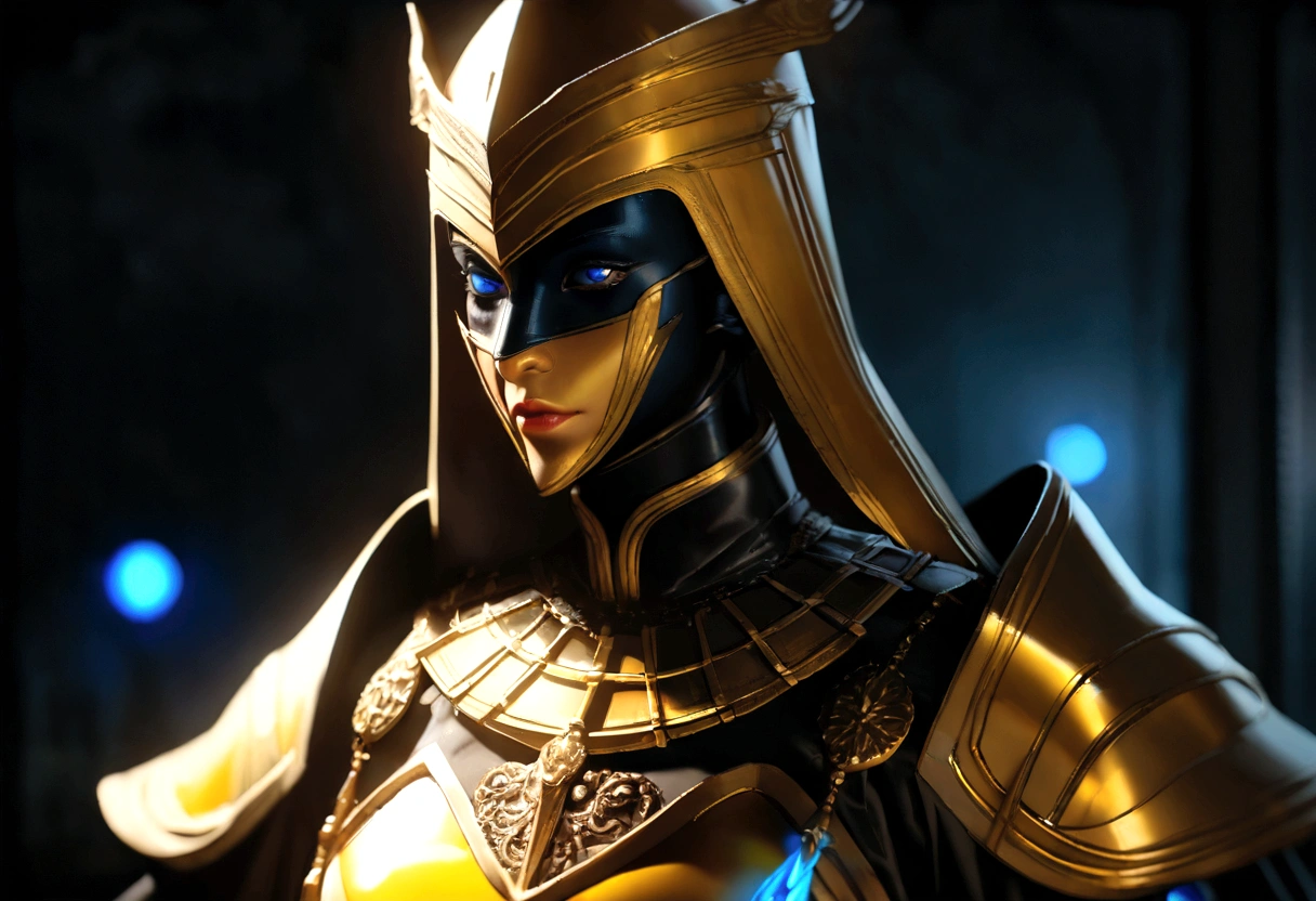 a mage in translucent yellow armor, with a blue magic sword, wearing a horror black mask ,at night, ultra realistic, cinematic, detailed,insane detail, isometric style, depth of field, hyperdetailed, beautifully color coded, Unreal Engine, cinematic, color grading, editorial photography, photography, photoshoot, shot in 70mm lens, depth of field, DOF, blur tilt, Shutter speed 1/1000, F/22