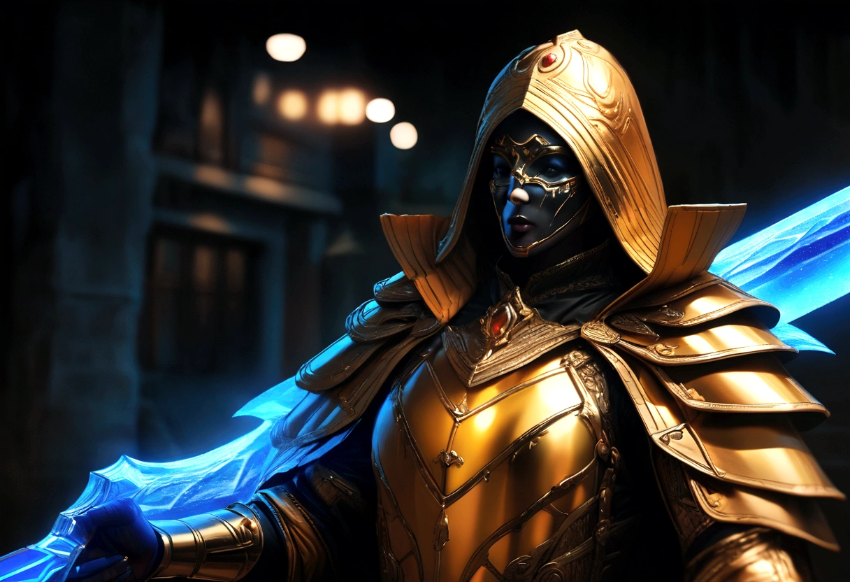 a mage in translucent yellow armor, with a blue magic sword, wearing a horror black mask ,at night, ultra realistic, cinematic, detailed,insane detail, isometric style, depth of field, hyperdetailed, beautifully color coded, Unreal Engine, cinematic, color grading, editorial photography, photography, photoshoot, shot in 70mm lens, depth of field, DOF, blur tilt, Shutter speed 1/1000, F/22