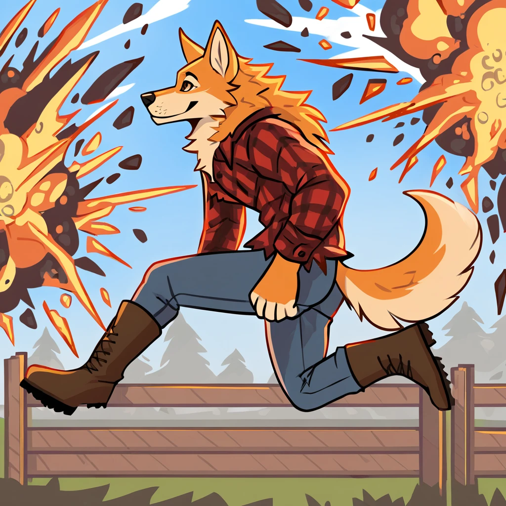 canid, canine, canis, mammal, mythological_canine, were, werecanid, werecanine, werewolf, wolf, brown_eyes, anthro, male, biped, side_view, orange_body, orange_fur, fluffy_tail, fingers, vaulting_over_fence, jumping_fence, explosion, flying_shrapnel, red_flannel, jeans, brown boots, smiling, full_body, solo, digital_media_(artwork), hi_res, masterpiece,
