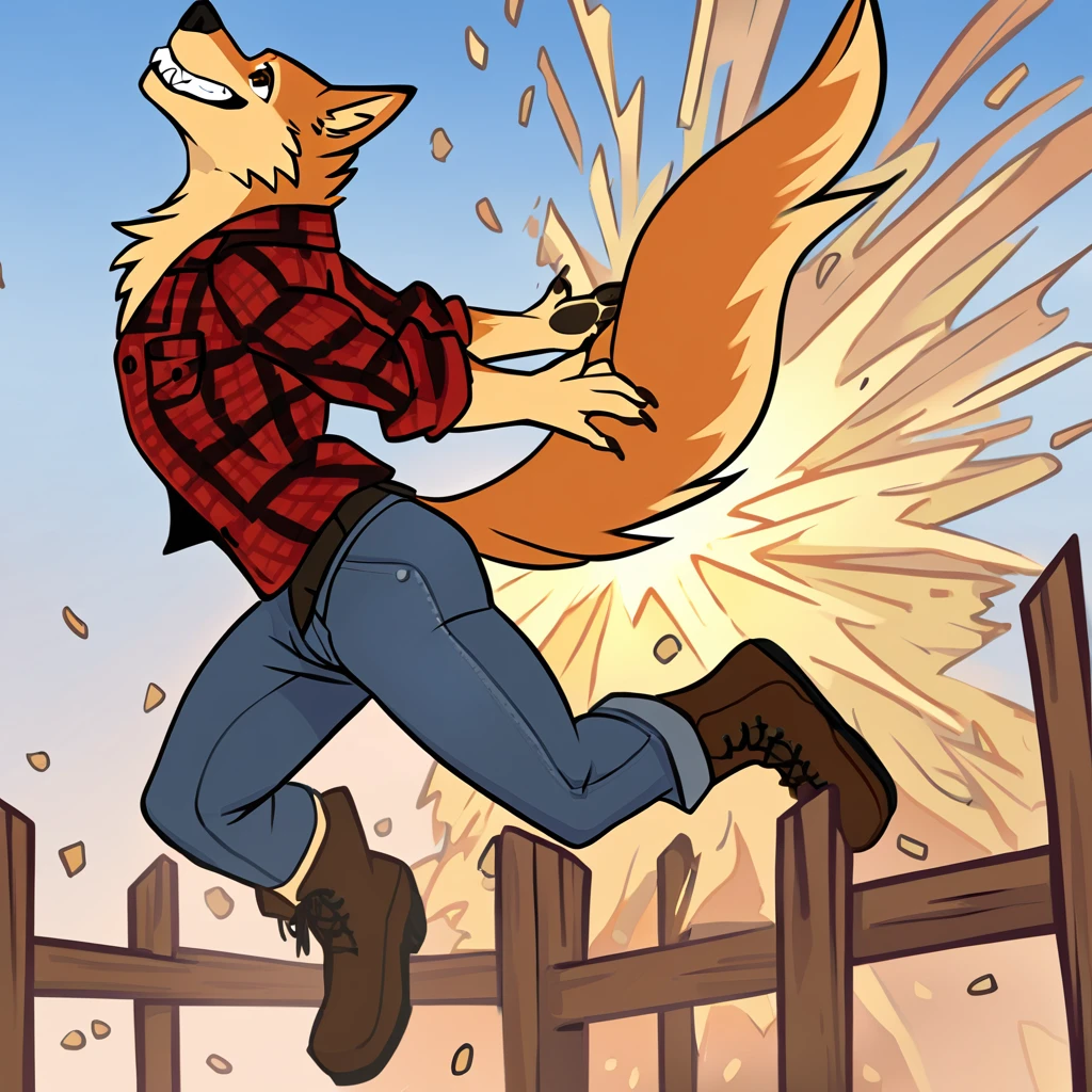 canid, canine, canis, mammal, mythological_canine, were, werecanid, werecanine, werewolf, wolf, brown_eyes, anthro, male, biped, side_view, orange_body, orange_fur, fluffy_tail, fingers, vaulting_over_fence, jumping_fence, explosion, flying_shrapnel, red_flannel, jeans, brown boots, smiling, full_body, solo, digital_media_(artwork), hi_res, masterpiece,