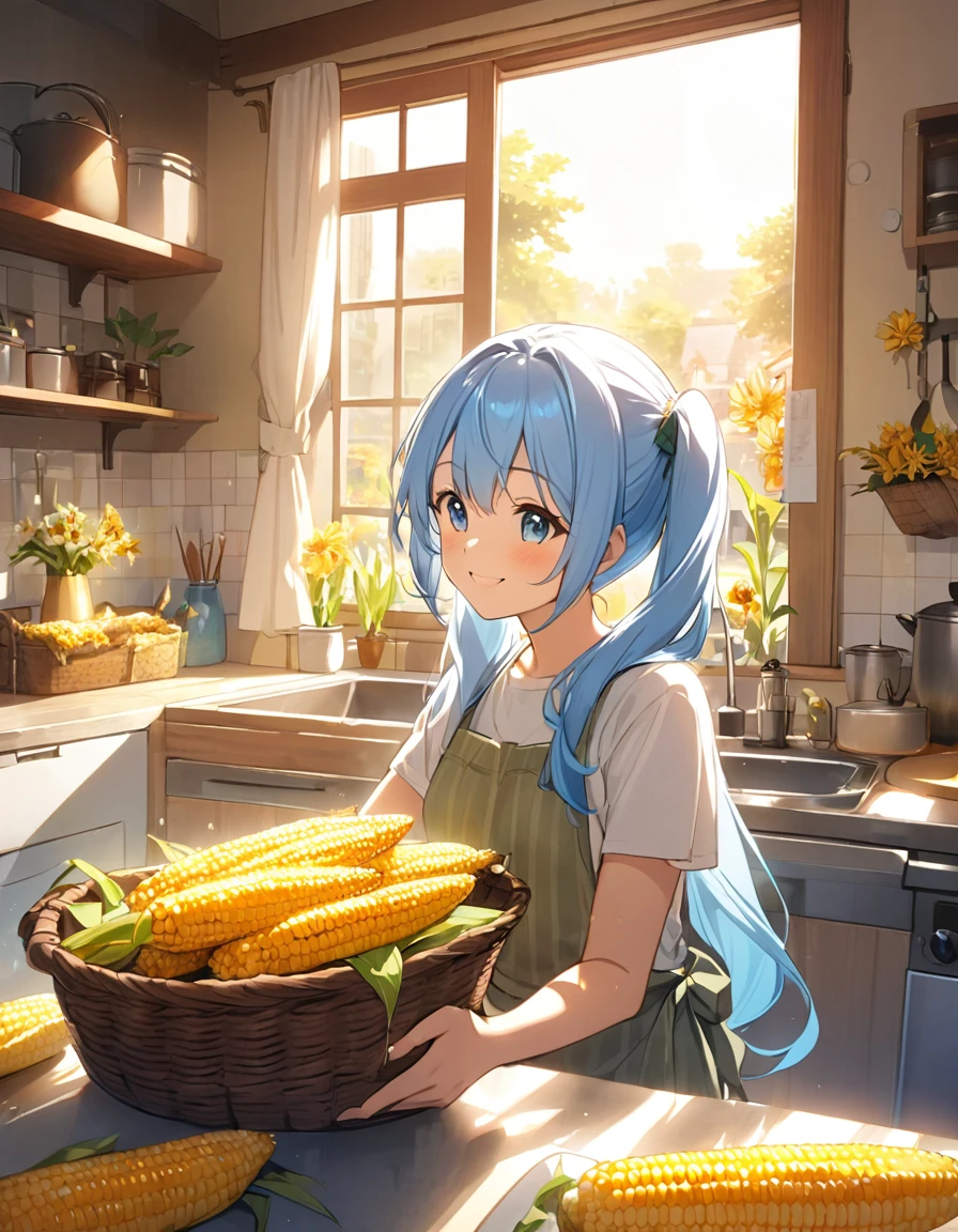 A kitchen decorated with lots of margaret flowers、Corn is piled in a basket、Light blue long hair、Beautiful girl with twin tails、Smiling while roasting corn、The girl has corn、Kitchen bathed in morning sun、A kitchen full of flowers