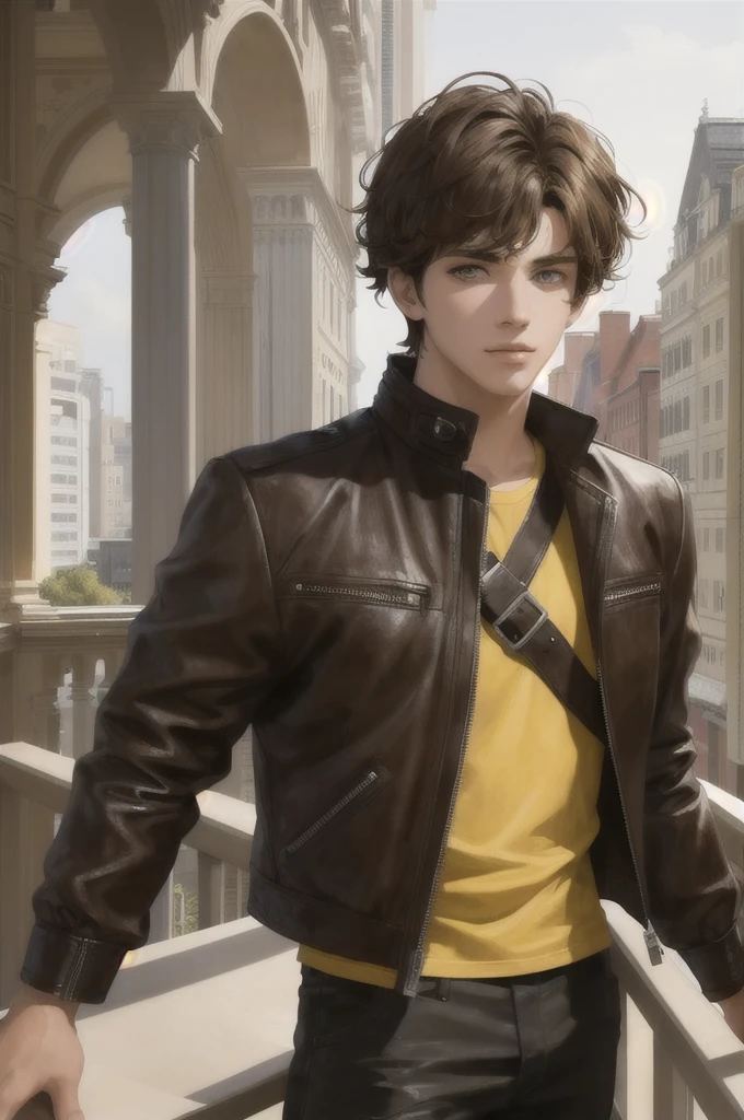 Make a young 17 year old man with short wavy brown hair, light brown eyes between yellow, serious face, very attractive, with a black shirt and brown leather jacket, high, who is standing on a balcony, HD quality