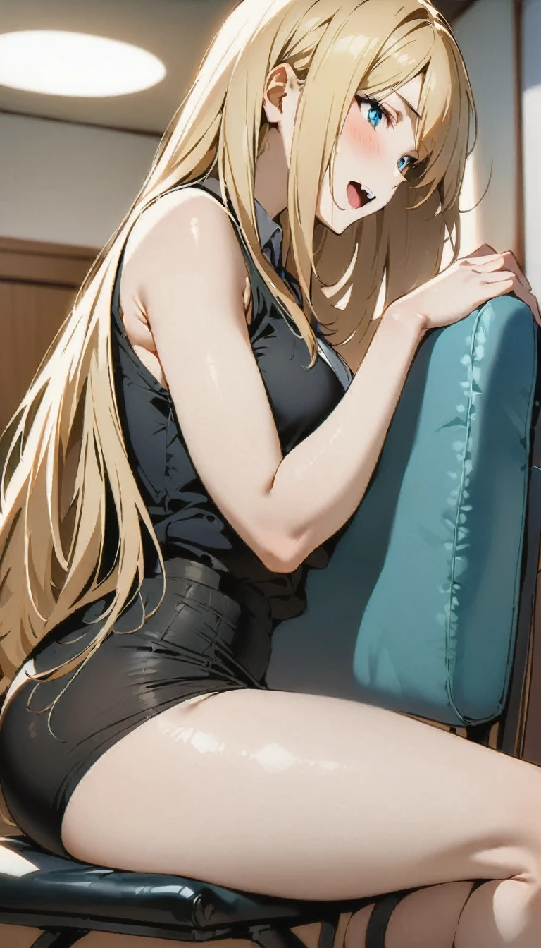 (masterpiece, Highest quality:1.2), One girl, Sit on a chair, blonde, Long Hair, Excited, Black sleeveless short vest,Black Skirt,Black leggings, Sexy pose, panties