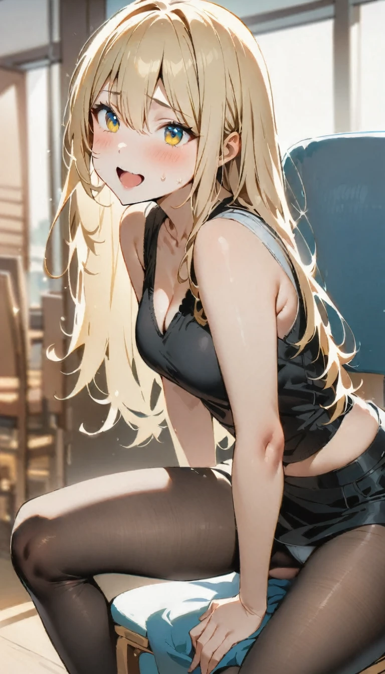 (masterpiece, Highest quality:1.2), One girl, Sit on a chair, blonde, Long Hair, Excited, Black sleeveless short vest,Black Skirt,Black leggings, Sexy pose, panties