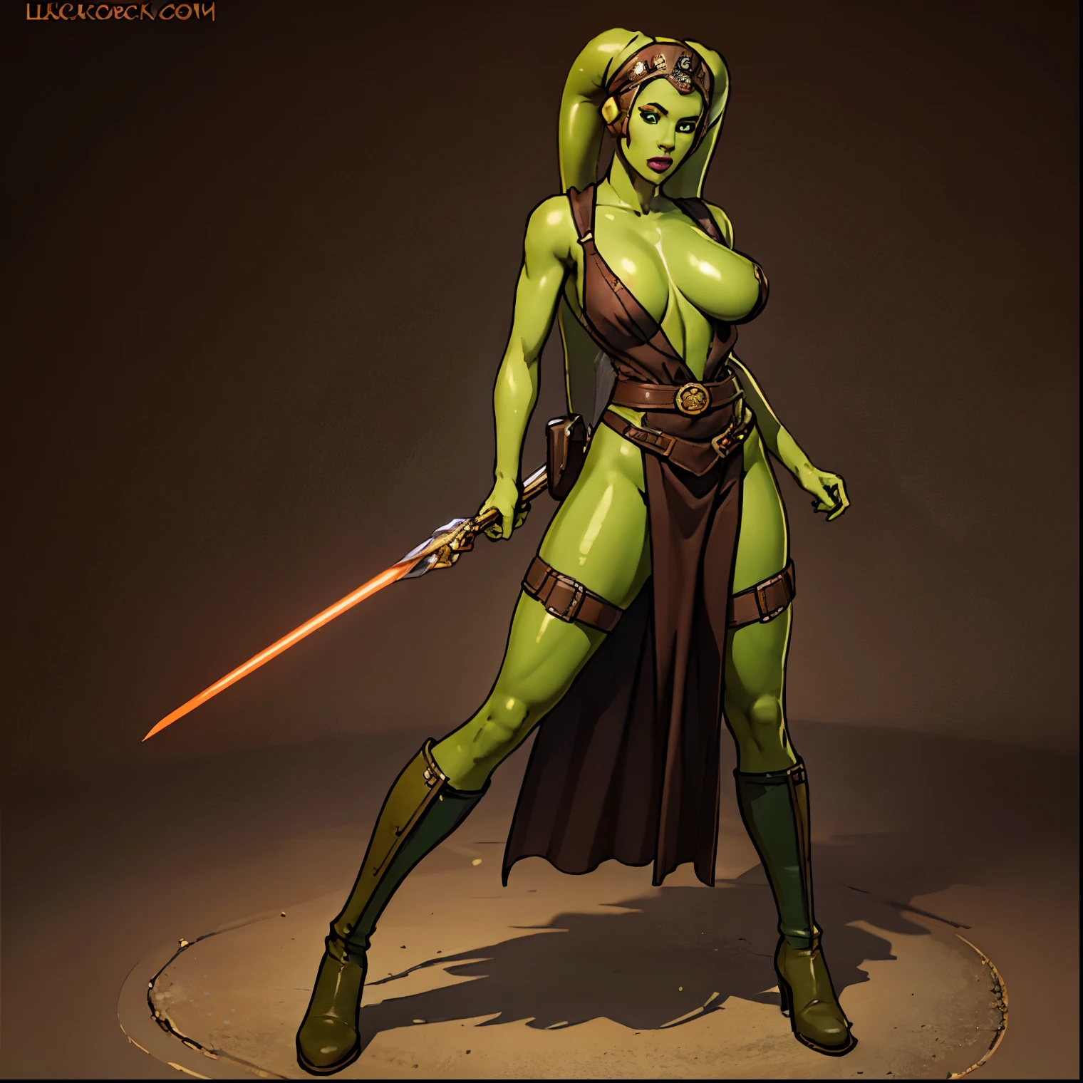 (((modest))), (best quality, masterpiece, highly detailed), 1girl, ((((green skin)))), sexy Twi'lek, large saggy breasts, Jedi, dark brown robes, Jedi robes, beige tunic, loose trousers, long boots, brown cloth, buckles, straps, Star Wars, lekku markings