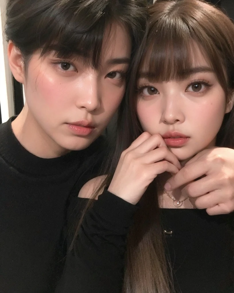 Jennie kim, black hair, messy and wavy, full lips, doll lips, large eyes.