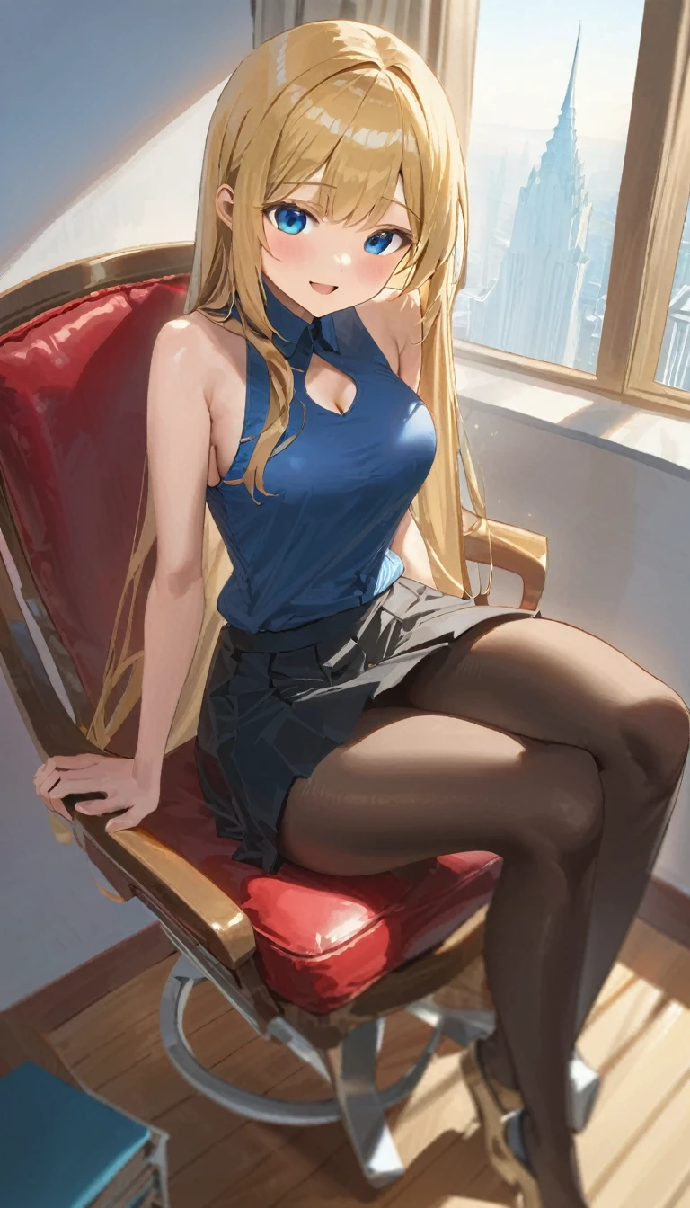 (masterpiece, Highest quality:1.2), One girl, Sit on a chair, blonde, Long Hair, Excited, Black sleeveless short vest，Black Skirt，Black leggings, Sexy pose, panties
