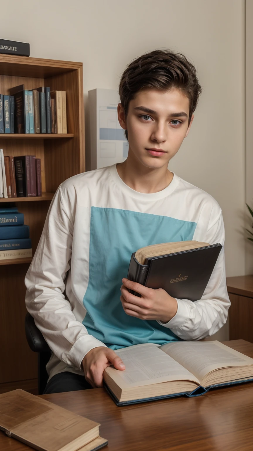 A beautiful young male twink, cute, with black hair and a face with makeup, wearing a bright white long-sleeved shirt and aqua blue pants, and he is in his office, and behind him is a blackboard on which is written the shape of the brain and its anatomy, and nuclear energy comes out of it, and he has a face with makeup and and.  His eyes have dark circles under them as he sits studying with a huge medical book on surgery