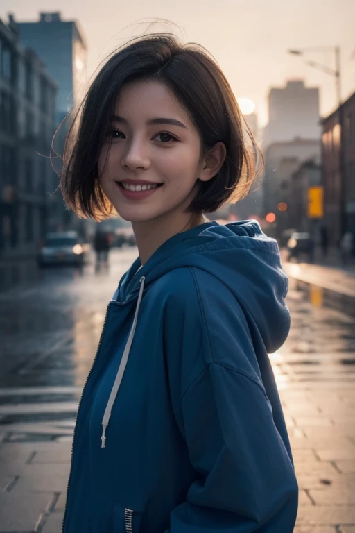 (8k RAW photo,best quality, masterpiece:1.2), (realistic,photo-realistic:1.37),omertosa,1girl,city,professional lighting,photo mapping,radiosity,physically-based rendering,blue backlight bokeh,smile,mature,head portrait,sunlight,blone,short jacket,,hoodie,short hair,floating hair,