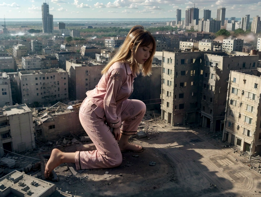 Aerial view、Above the Clouds、迫り来るGiantess、Crush a small building、Powerful movements、Great impact、giantess、Giantess、A woman taller than a skyscraper、Realistic、Realistic、Realistic景色、Realistic女性、Wear pink pajamas、Cute woman、Young Japanese、short hair、Blonde Hair、Slim body、Destroyed City、rubble、A ruined world、GiantessにDestroyed City、Distant view of the city、Small buildings、小さなビルを踏み荒らすGiantess