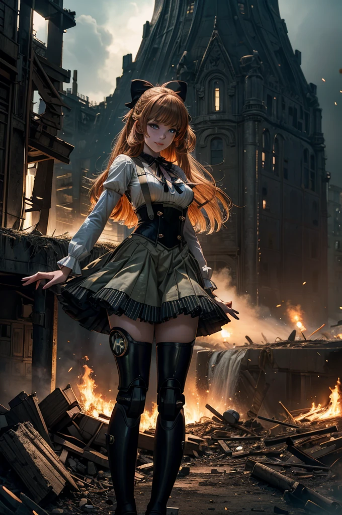 cowboy shot, dynamic pose, smile, underbust, Penny Polendina, long hair, neck ribbon, suspender skirt, corset, black bow, white blouse, mechanical legs, neon trim, standing in city ruins on hill, in valley, BREAK mountains in background, waterfall, crowd, (crowd in military uniform), bonfires, post-apocalypse, dystopian future, (volumetric lighting), intricate details, tonemapping, sharp focus, hyper detailed,