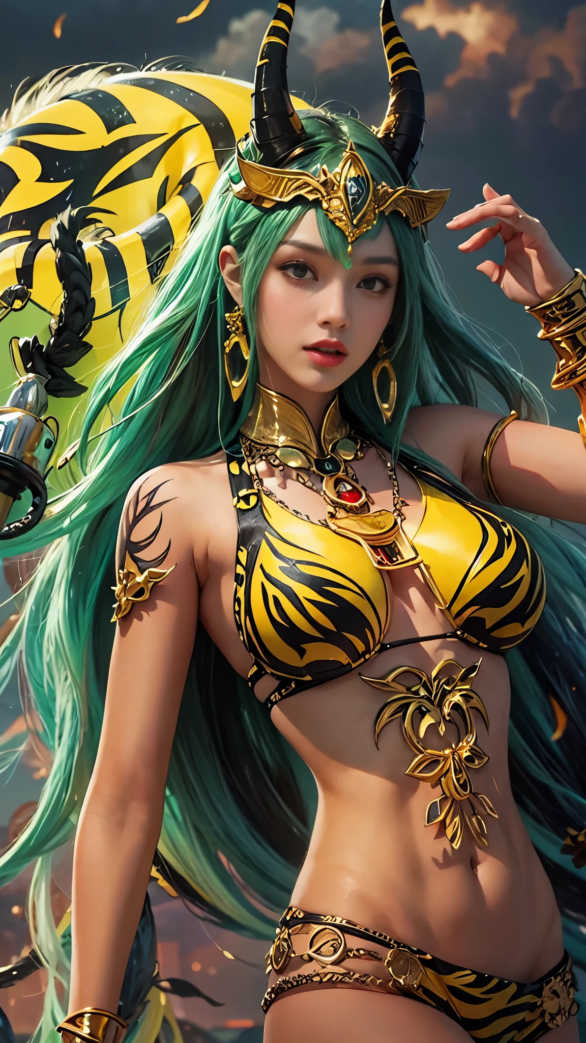 4k, best quality, realistic, detailed, A stunning beauty with huge breasts and a toned slim body wearing a yellow and black tiger print bikini that floats in the sky and calls forth thunder. She has long green hair and two straight demon horns on her head.