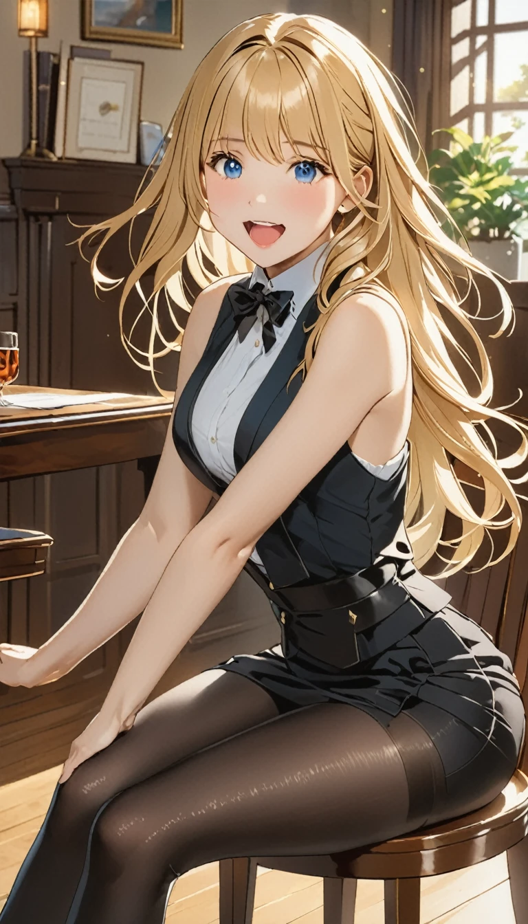 (masterpiece, Highest quality:1.2), One girl, Sit on a chair, blonde, Long Hair, Excited, Black sleeveless short vest，Black Skirt，Black leggings, Sexy pose, panties
