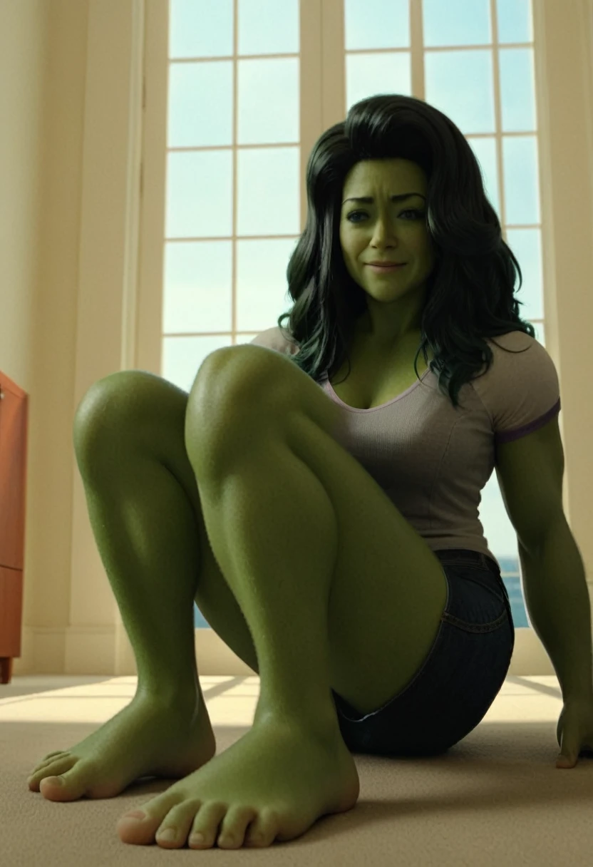 cinematic film still she-hulk sitting on the floor and showing her feet, (pov from below:1.3), micro POV, stepping on viewer, foot focus, curled toes, wide feet, barefoot, both detailed feet, five toes, smooth natural toenails,anklet, shallow depth of field, vignette, highly detailed, high budget Hollywood movie by terrence malick, bokeh, cinemascope, moody, epic, gorgeous, film grain, grain